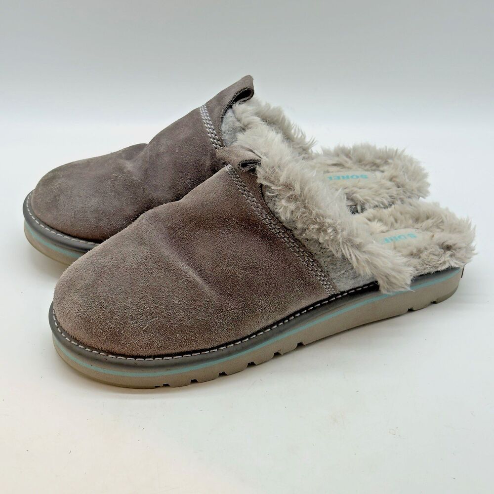 Sorel Nakiska Scuff Faux Fur Lined Slippers Women's 11 Gray Suede Leather Slides